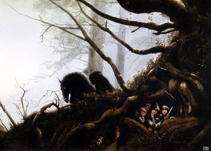Acecho de un espectro del Anillo a los Hobbits Frodo, Sam, Merry y Pippin a las afueras de la Comarca - Ilustración de John Howe - 