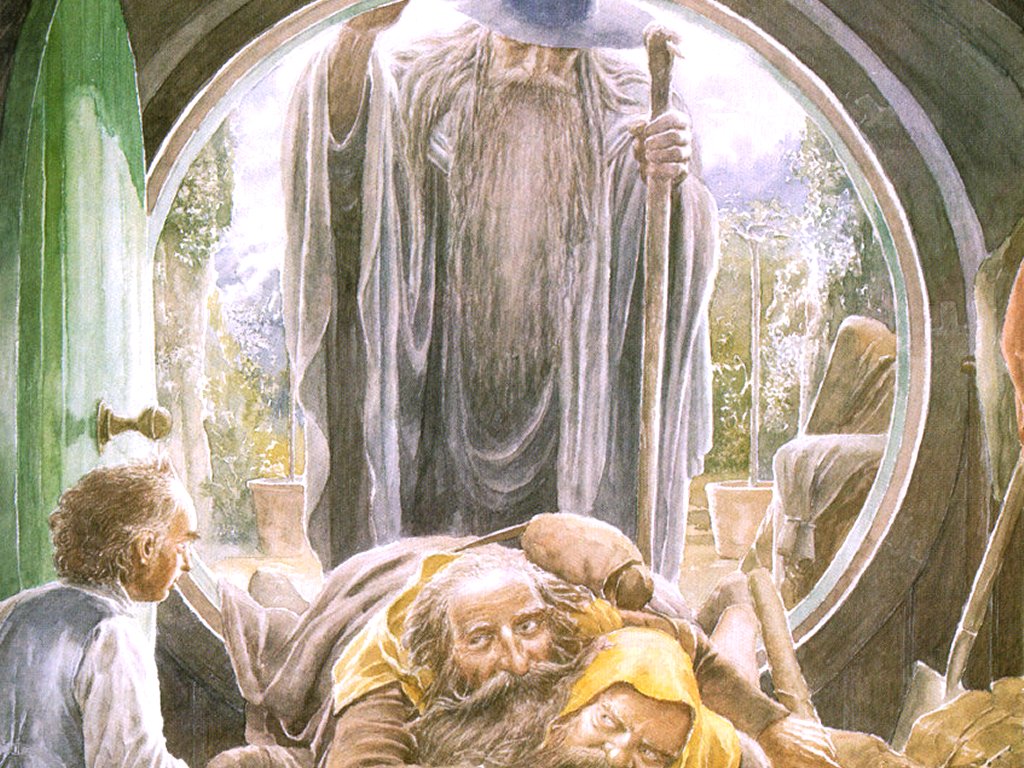 Llegada de Gandalf y la compañía de Thorin Escudo de Roble a Bolsón Cerrado - Ilustración de Alan Lee -